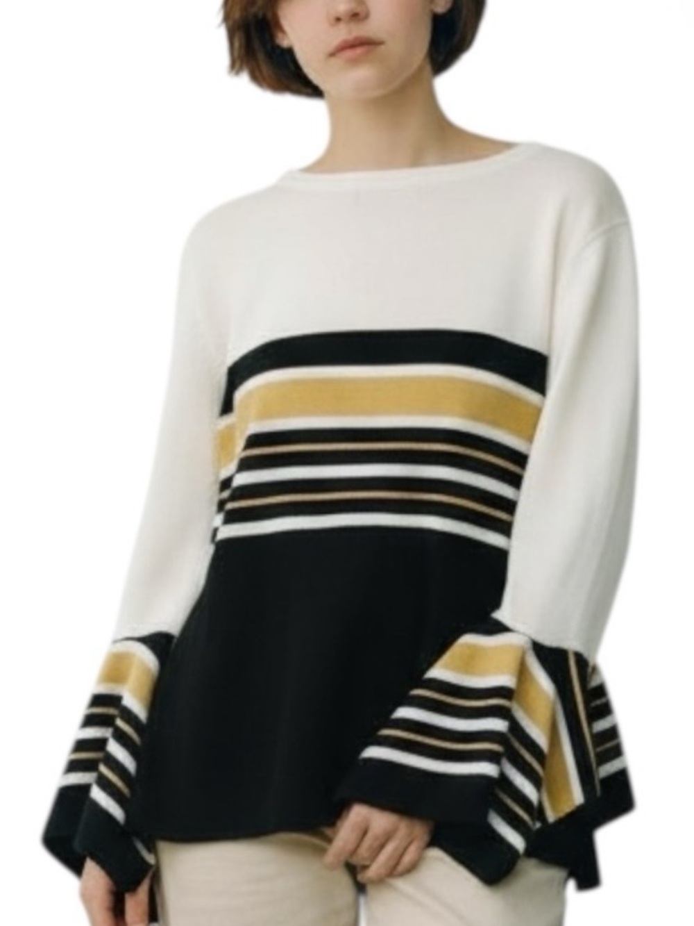 MELISSA PAIGE Striped Bell Sleeve Sweater White, Yellow and Blk PETITE Size PM - Picture 3 of 11